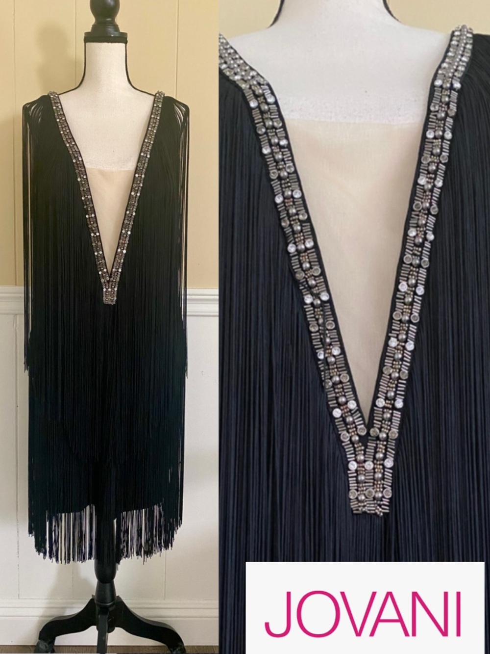 Jovani Black Beaded Fringe V-Neck Dress